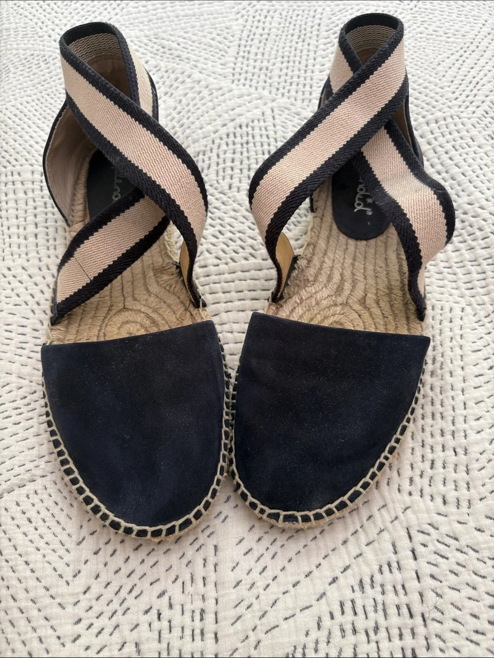 Splendid navy Espadrille Sandals with Beige and Black Striped Ankle Bands